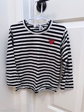 Comme des Garcons PLAY Black & White Striped Long-Sleeve Tee with Red Heart